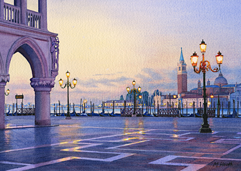 A painting of  Molo San Marco and San Giorgio Maggiore, Venice, Italy before dawn by Margaret Heath.